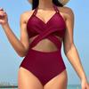 Сплошной цвет с подвесным вырезом, цельный купальник, женский сексуальный сетчатый купальник бикини
