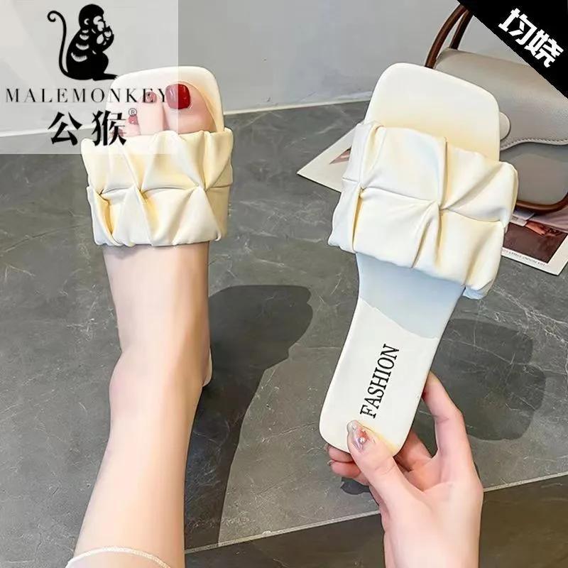 Модные популярные женские туфли 2024 года, летние, высокого качества, однотонные, с открытым носком, повседневные, на низком каблуке, удобные, для дома, женские тапочки