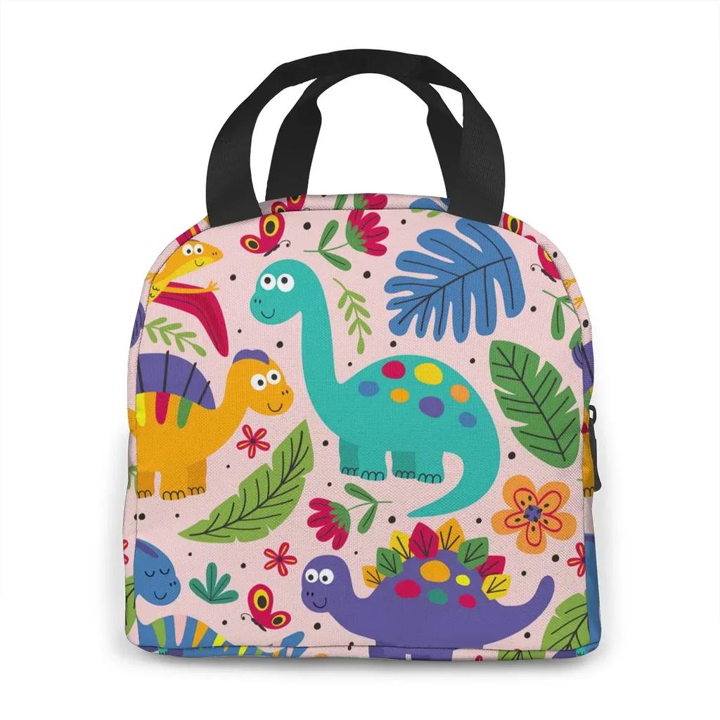 Cartoon Dinosaur Canvas Portable Cooler Lunch Bag Fashion Thermal Insulated Food Bags Food Picnic Lunch Box Bag for Adult Kids