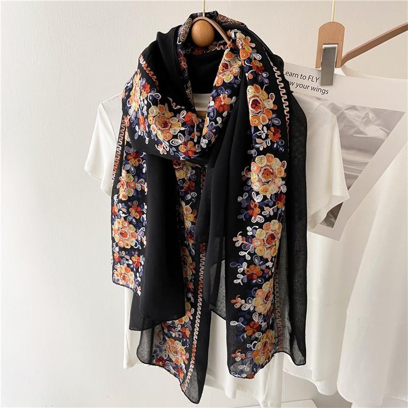 New Soft Cotton Hijab Scarf Embroidery Floral Shawls For Women Muslim Solid Pashmina Autumn Wraps Headband 180*90cm