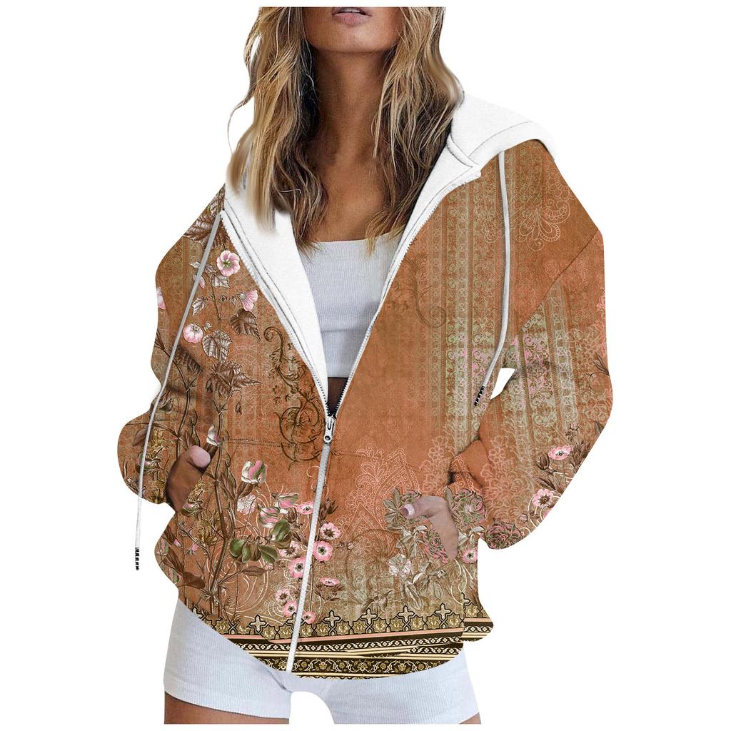 Women's Fashion Casual Printed Sweatshirt Autumn And Winter Long Sleeve Pocket Cardigan Jacket Zipper Hoodie Coat