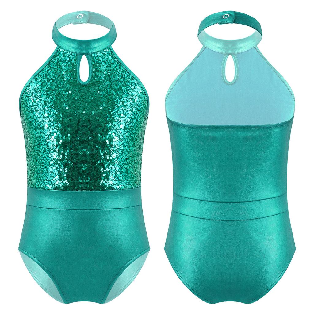 Dancing Gymnastics Leotards Sleeveless Sparkling Sequins Patchwork Style Bodysuit for Kids Girls