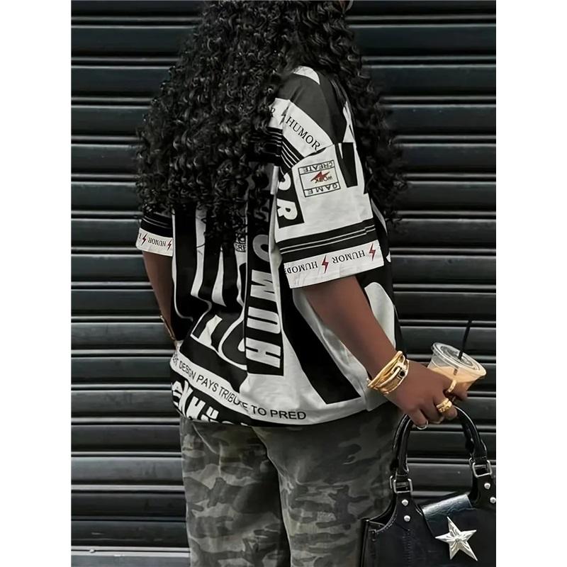 Большая американская ретро ЧЕРНАЯ футболка с принтом, короткий рукав, для женского уличного стиля, свободная и стройнящая, контрастный топ с половиной рукава