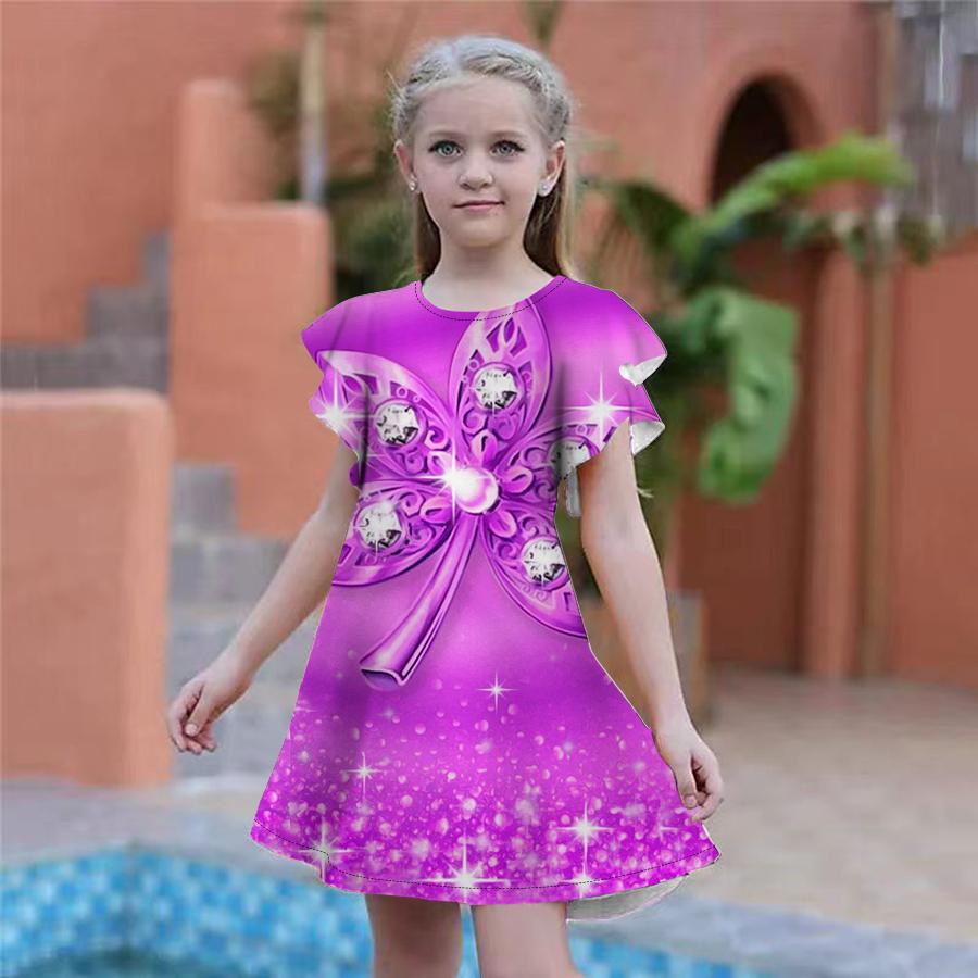 Girls Pearl Maple Leaf Print Dresses Kids Girl Party Dress Loose Fitting Loose Fitting Short Sleeved Skirt For Girls Over Four Years Old