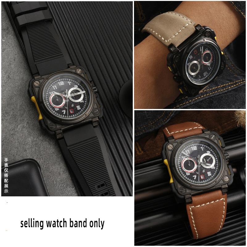Для Bell Ross B&R BR-01 BR-03 Мужской ремешок для часов из натуральной кожи коровья кожа 35-24 мм выпуклый водонепроницаемый ремешок из силиконовой резины Инструмент
