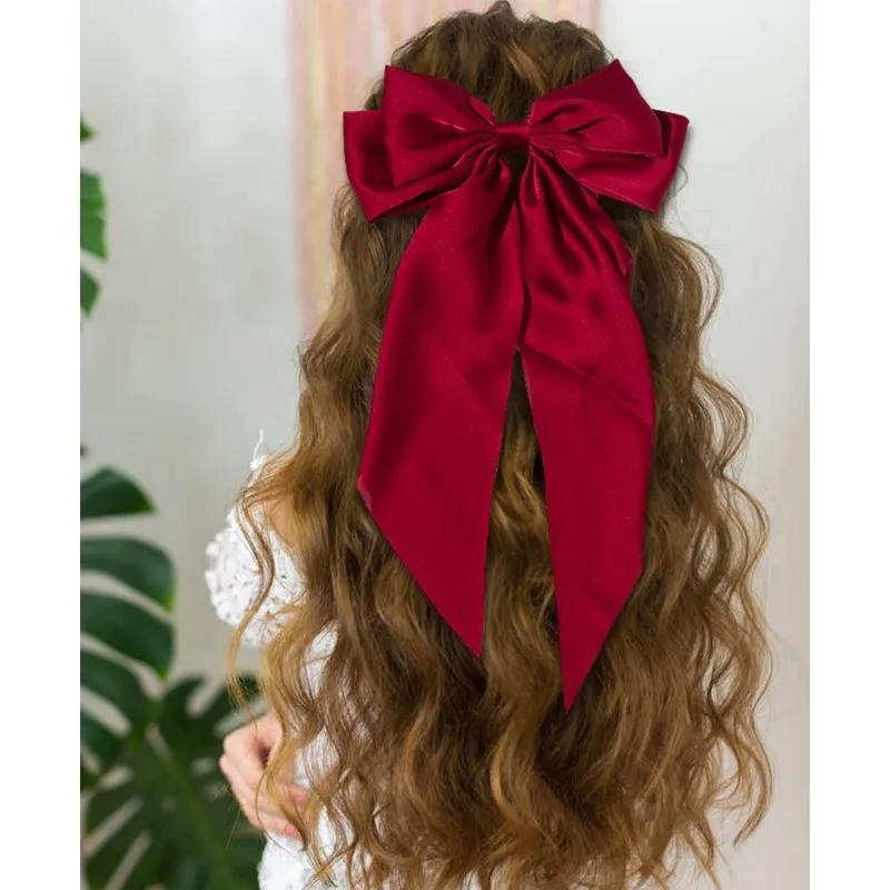 Women Solid Color Long Big Bow Long Float Satin Spring Clip Back Head Hair Clip Internet Red with The Same Temperament Elegant
