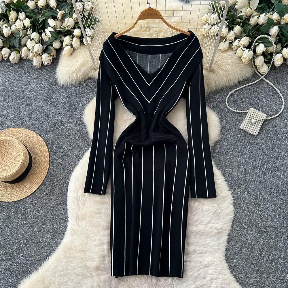 Осень Зима Женский Повседневный Вязаный Свитер с V-образным вырезом и длинным рукавом в полоску, Облегающее Платье-футляр