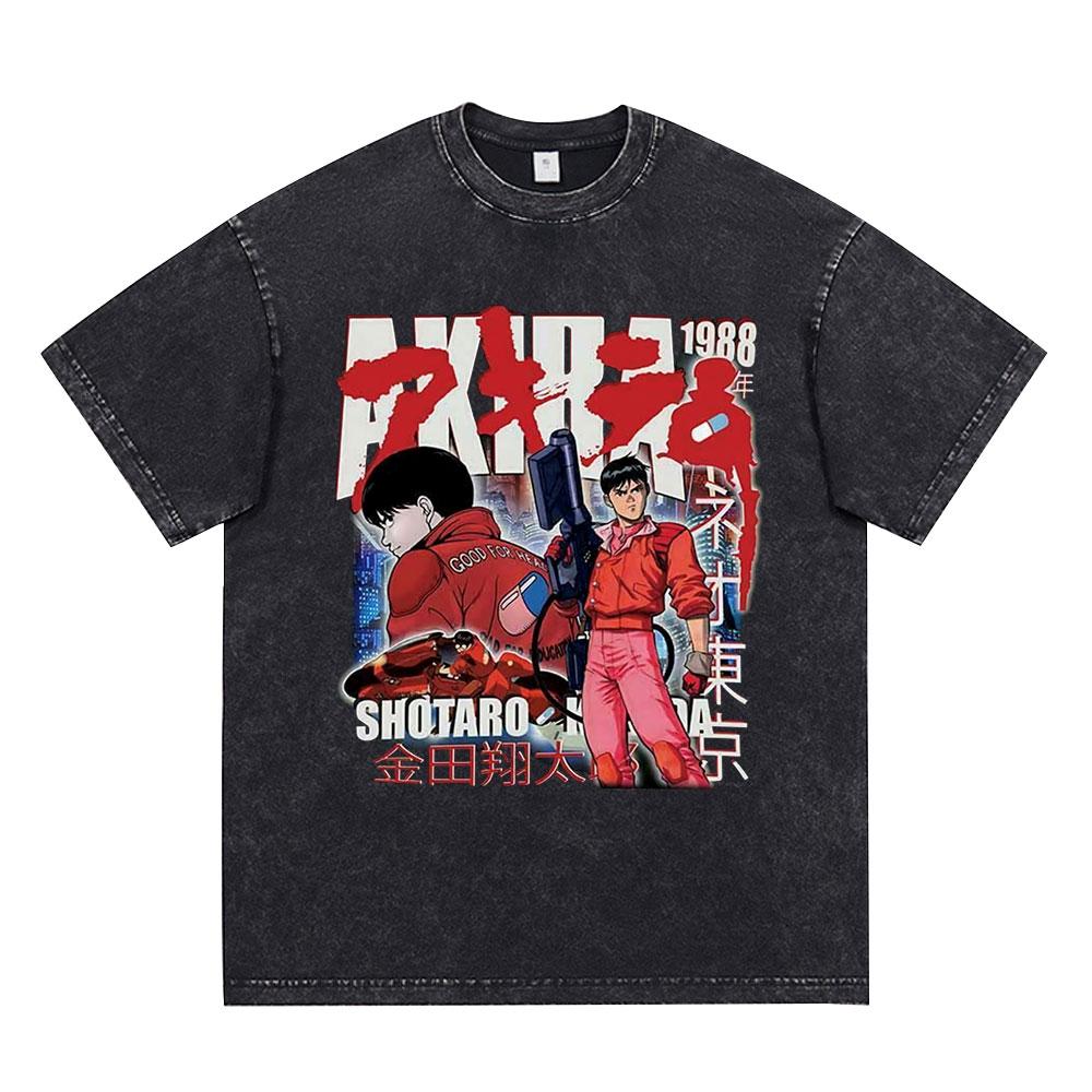 Akira Anime Tshirt Men Vintage Washed Black Oversized Streetwear Cotton Short Sleeve Graphic Tees Unisex Tops