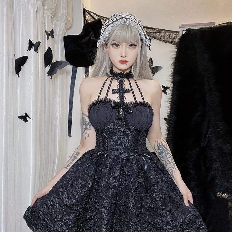 Goth Dark Mall Gothic Emo Жаккардовые платья А-силуэта Элегантные гранжевые рюшевые бандажные праздничные наряды Панк Черное женское платье для клуба на Хэллоуин