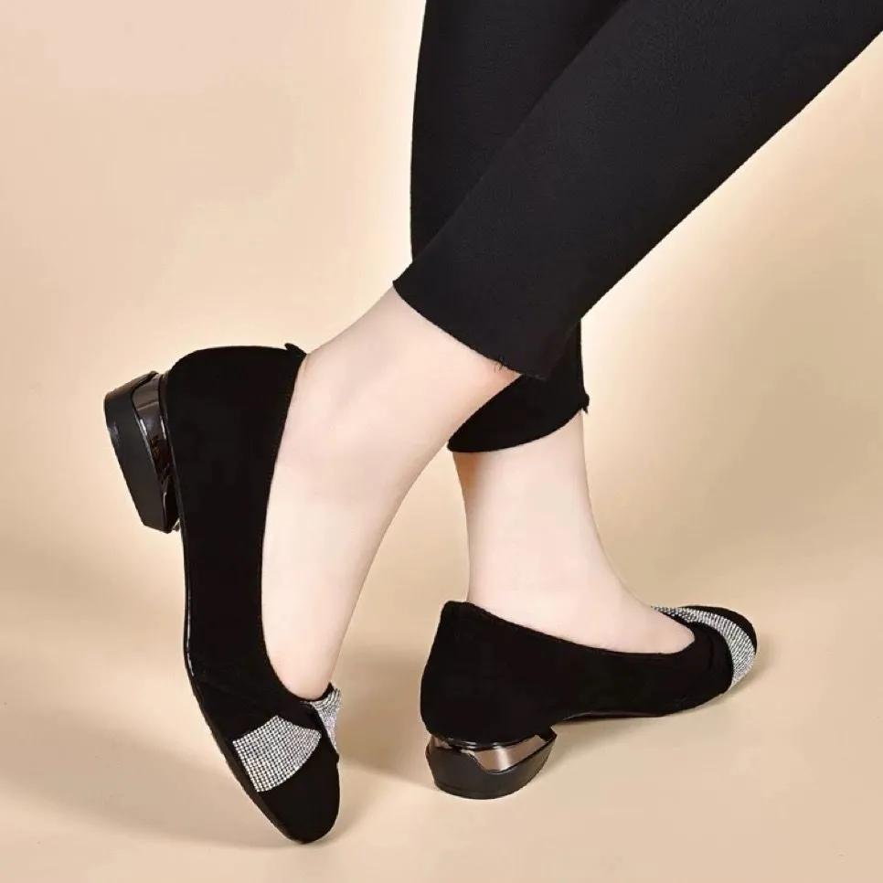 WTEMPO Черные туфли-лодочки большого размера с острым носком, женские повседневные универсальные туфли-лодочки на среднем толстом каблуке с нескользящей подошвой для работы