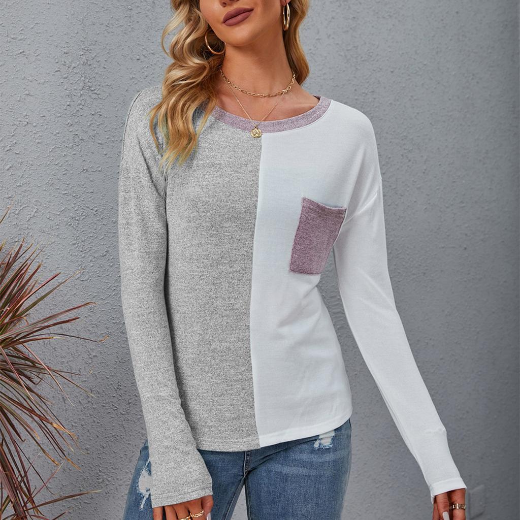 Женская повседневная футболка с длинным рукавом и круглым вырезом в стиле пэчворк, свободный женский топ