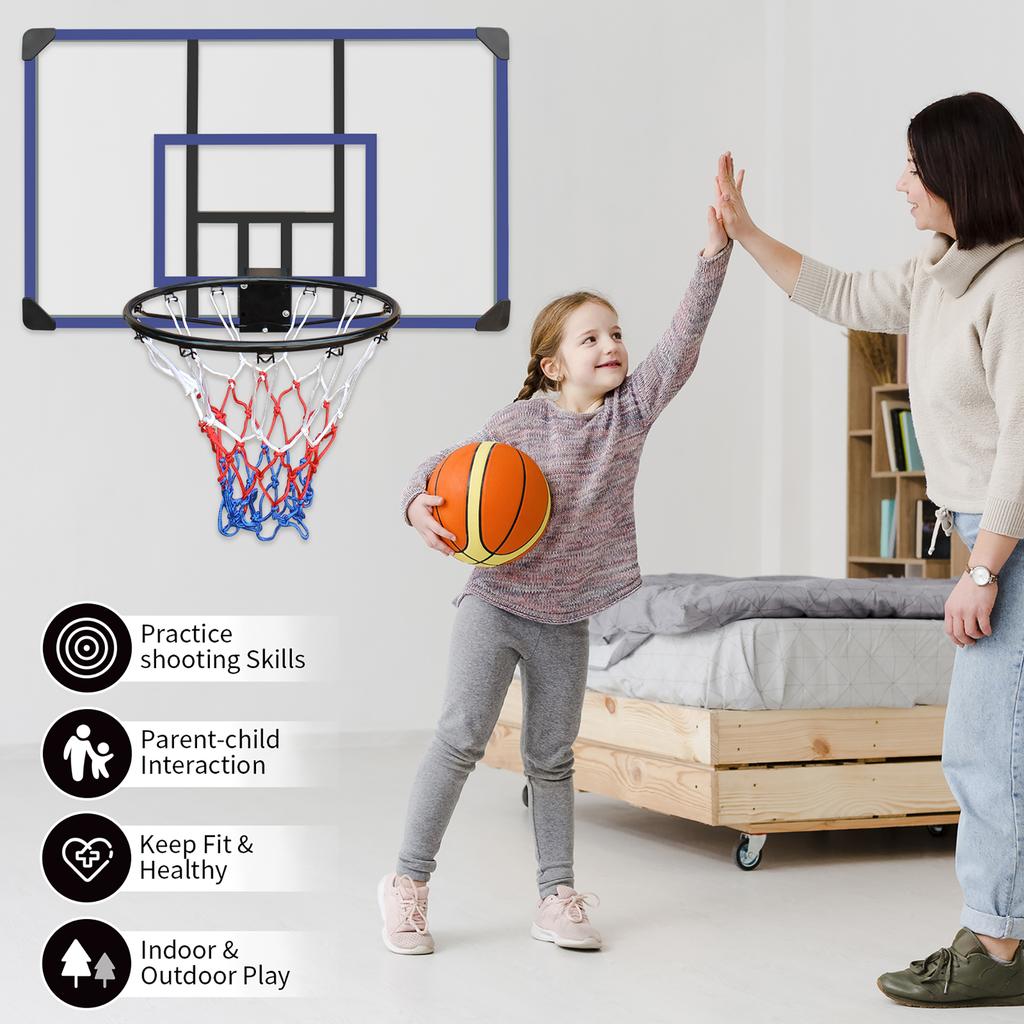 Wall-mounted basketball hoop, backboard and rim, 112cm x 72cm, shatterproof backboard, indoor/outdoor