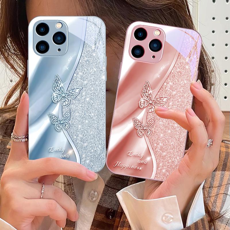 Золотая Бабочка Для IPhone 16 Pro Max 15 Pro 14 13 12 Mini 11 XS Max XR 7 8 Plus SE 2022 Закаленное Стекло Чехол для Телефона