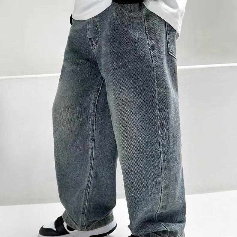Весенние и осенние джинсы для мальчиков, мягкие свободные прямые широкие повседневные универсальные детские брюки