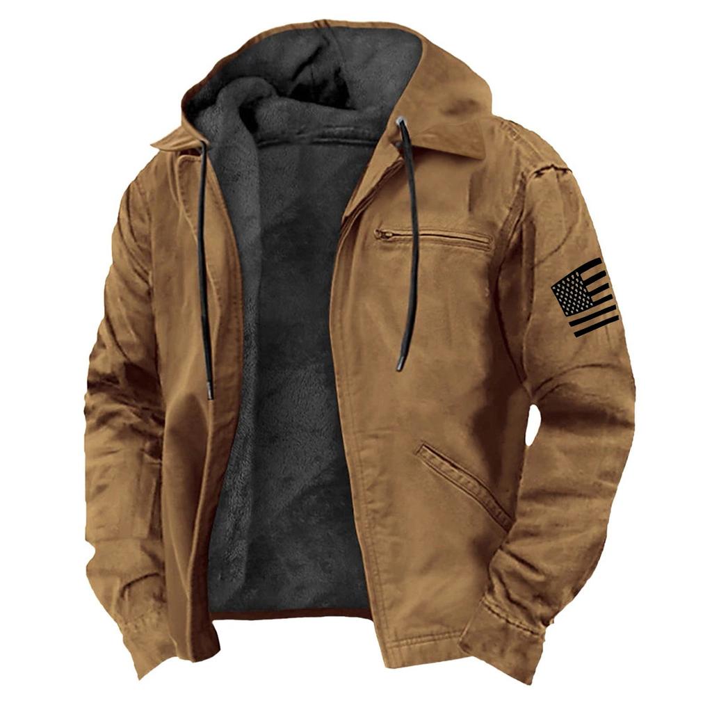 Men's Casual Zippered Pocket Hooded Jacket Men's Solid Color Fashion Warm Jacket