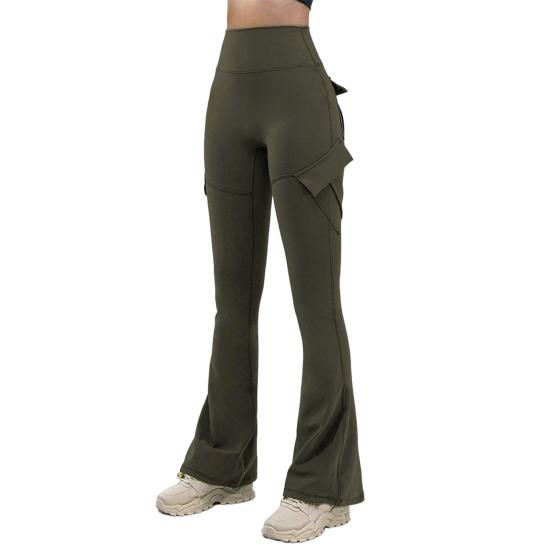 Women Flared Pants Elastic High Waist Wide Leg Casual Trousers with Flap Pockets Solid Color Cargo Pants Daily Wear
