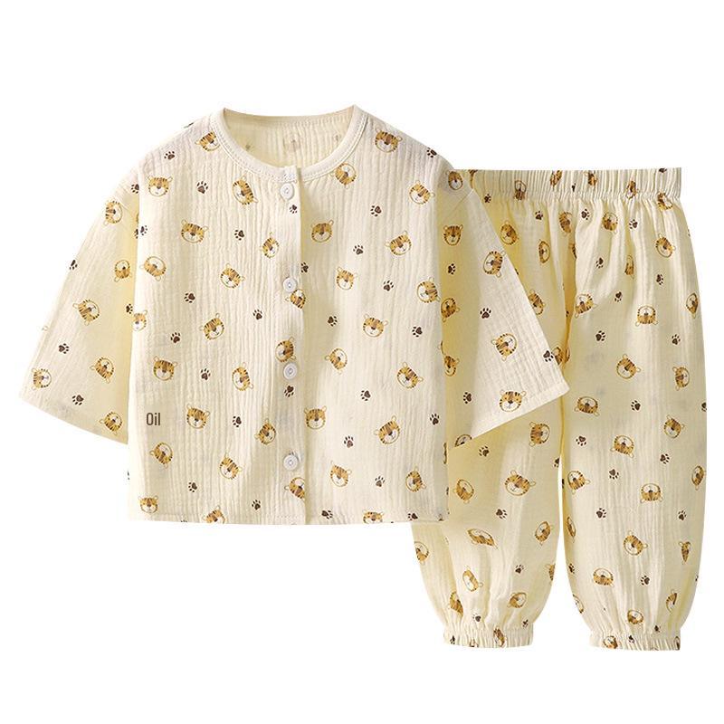 Children's Cotton Gauze Pajamas Set - Summer Long-Sleeve with Lantern Pants