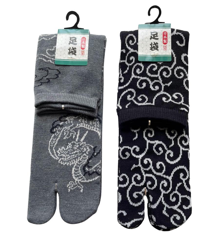 Tabi Japanese Made In Dragon and Arabesque Set of 2 Pairs Men's Socks, Pattern, Thin, Japan, Designs, (Colors Available)
