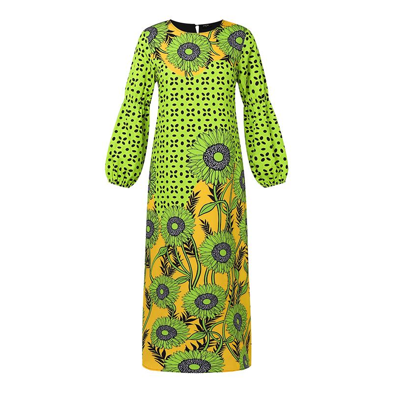 Женские платья большого размера с круглым вырезом и длинным рукавом с оборками и принтом