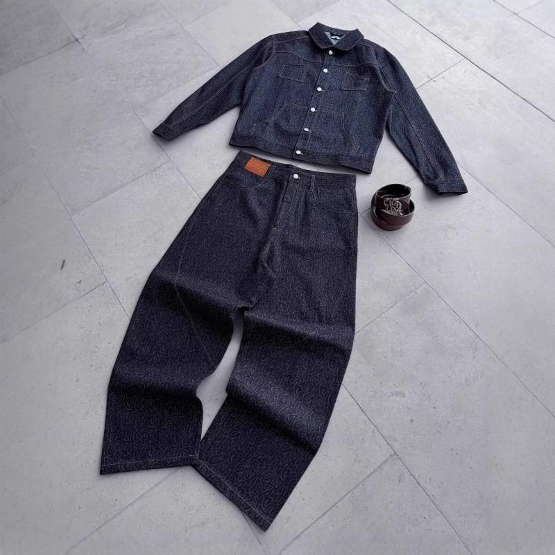 Mens Streetwear Denim Jacket Pants Set Long Sleeve Printed Patchwork Heavy Suit Young Adults