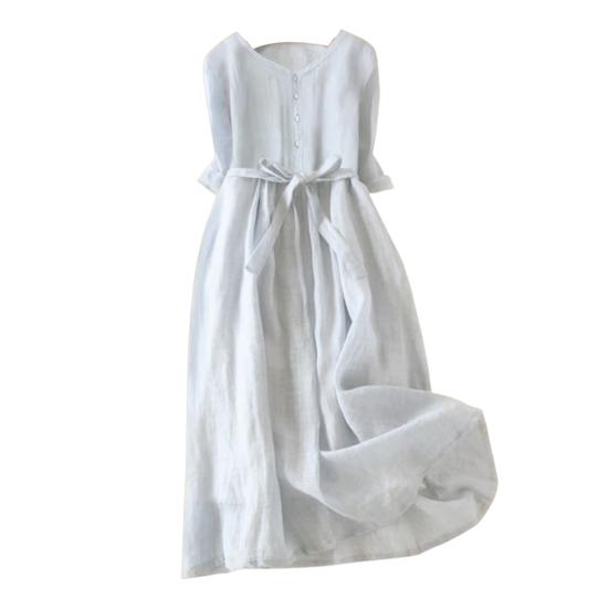 Женское летнее платье с круглым вырезом в стиле ретро, ​​чистый цвет, с короткими рукавами, плиссированное трапециевидное платье с высокой талией и большим подолом, однобортное платье миди для отдыха