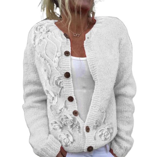 Women Sweater Cardigan Round Neck Long Sleeve 3D Flower Pattern Button Up Knit