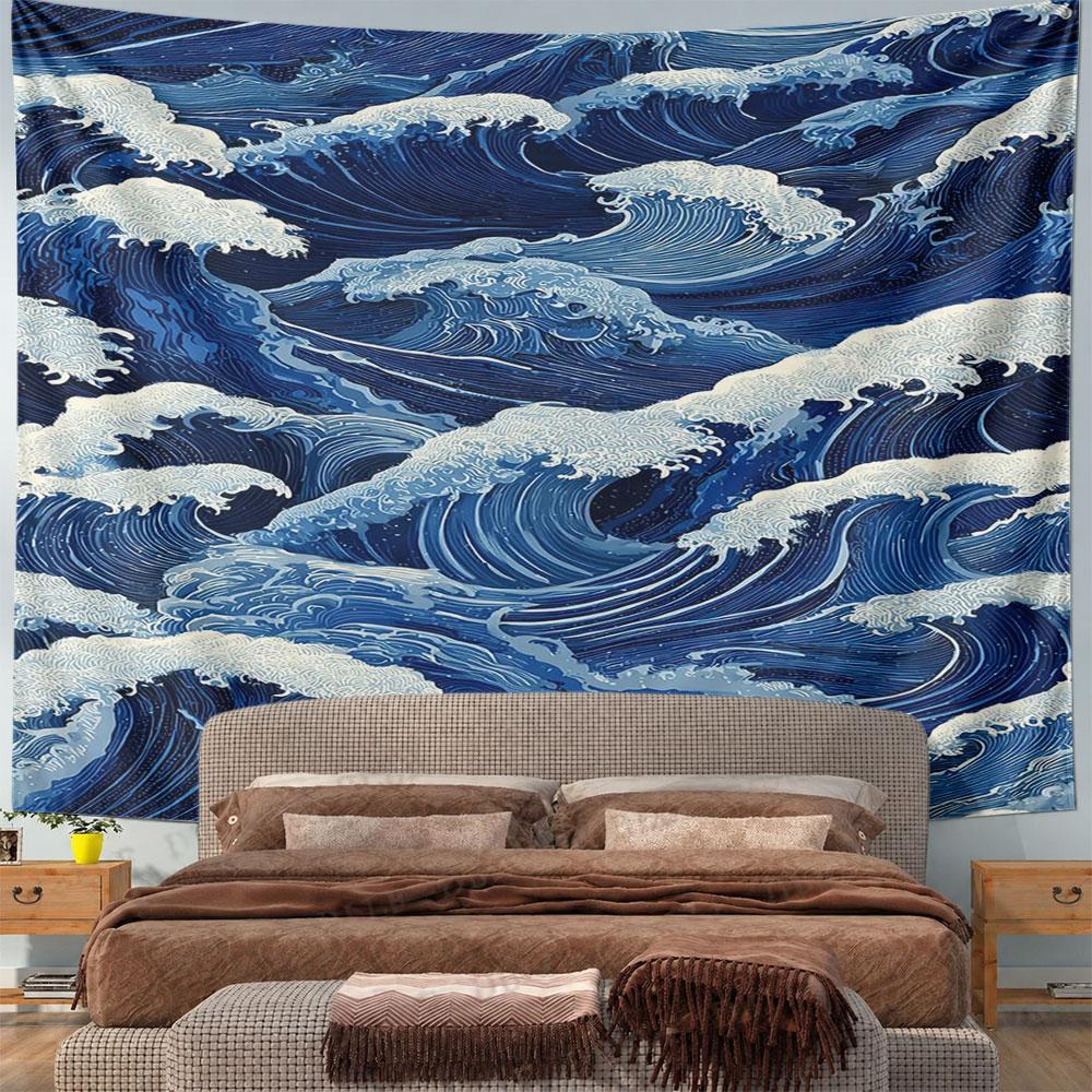 Blue Ocean Waves Artwork Pattern Wall Hanging Tapestry Decorative Tapestry Home Decor for Bedroom and Living Room