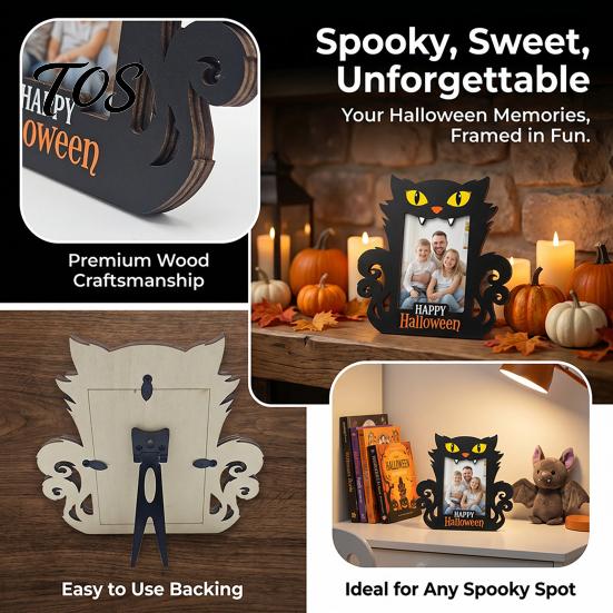 Indoor Holiday Table Decor Halloween Wooden Photo Frame, Pumpkin Ghost Cat Cutout Picture Autumn Tabletop Decoration Holder, Double-sided for