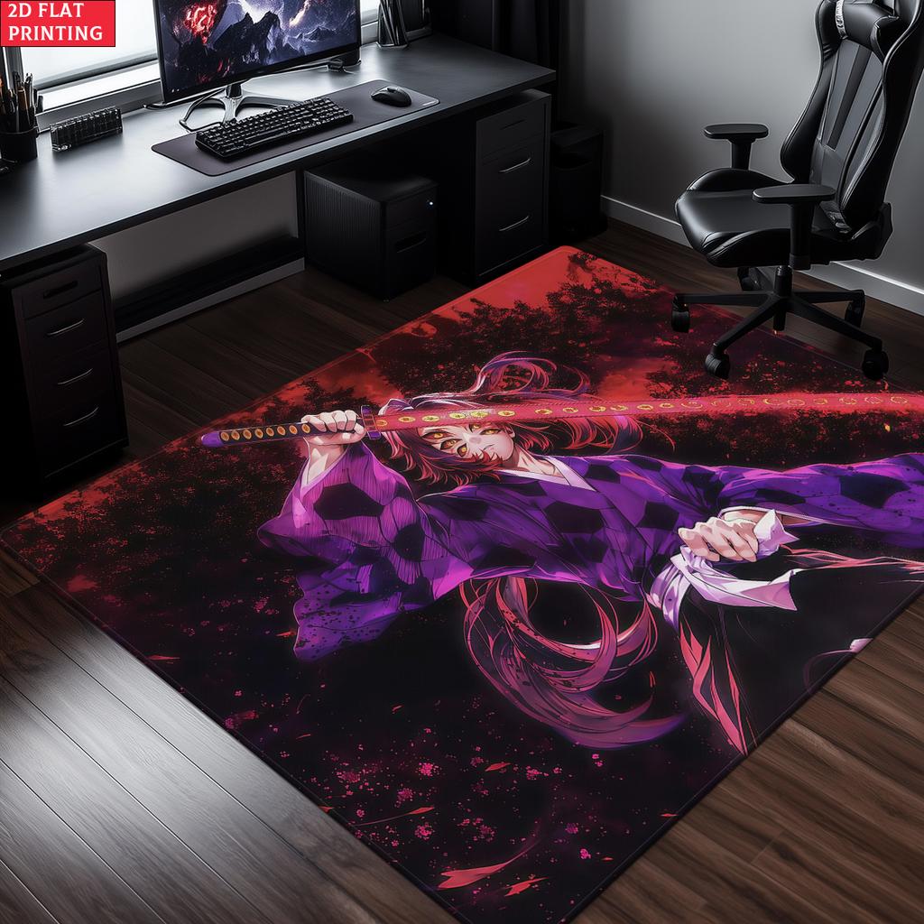 Anime Swordsman Area Rug, Purple Red Flame Theme Floor Mat, Decorative Carpet for Gaming Room Bedroom, Washable Home Decor Gift