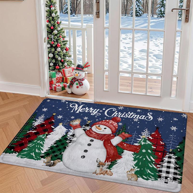 1pc Merry Christmas Snowman Welcome Doormat, "Merry Christmas" Snowman Mat, Christmas New Year Decorative Gift Mat, Flannel 1.2cm Thick, Indoor Outdoo