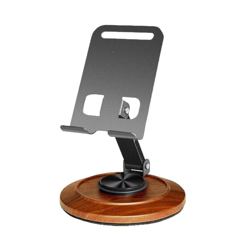Walnut Wood Rotating Metal Phone Stand – Adjustable Desktop Holder for Streaming and Viewing