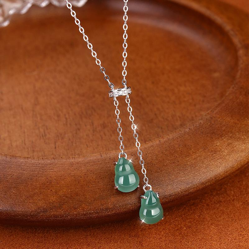New Chinese Style Natural Blue Water Jadeite Double Gourd Pendant S925 Pure Silver Necklace Women Premium Clavicle Chain