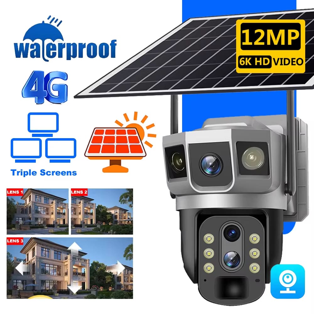 12MP 3 Lens 4G Solar Camera SIM Card Network 10X Zoom Smart Home Securiry Protection 6K Night Vision IP Video Surveillance CCTV Cameras
