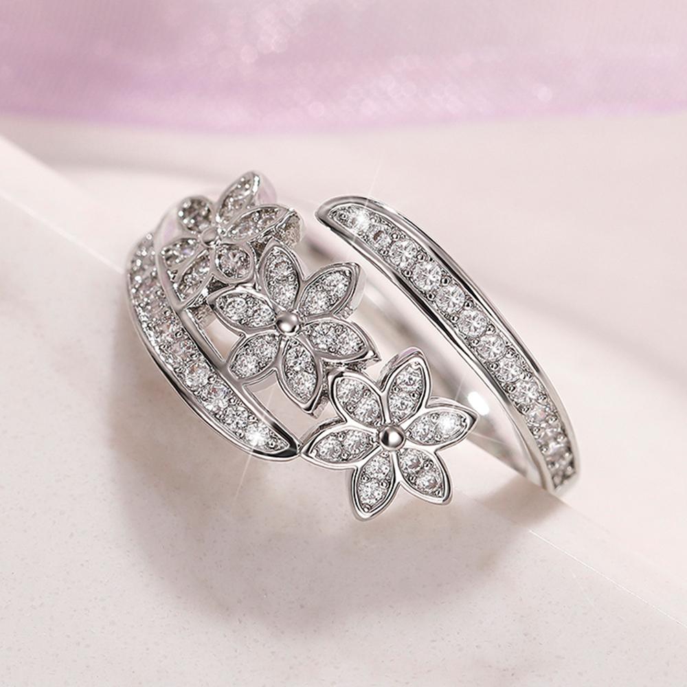 Нежное открывающееся кольцо с цветком, регулируемое, женское, обручальное, ювелирное изделие с ослепительным цирконием, серебряный цвет, аксессуары, подарок
