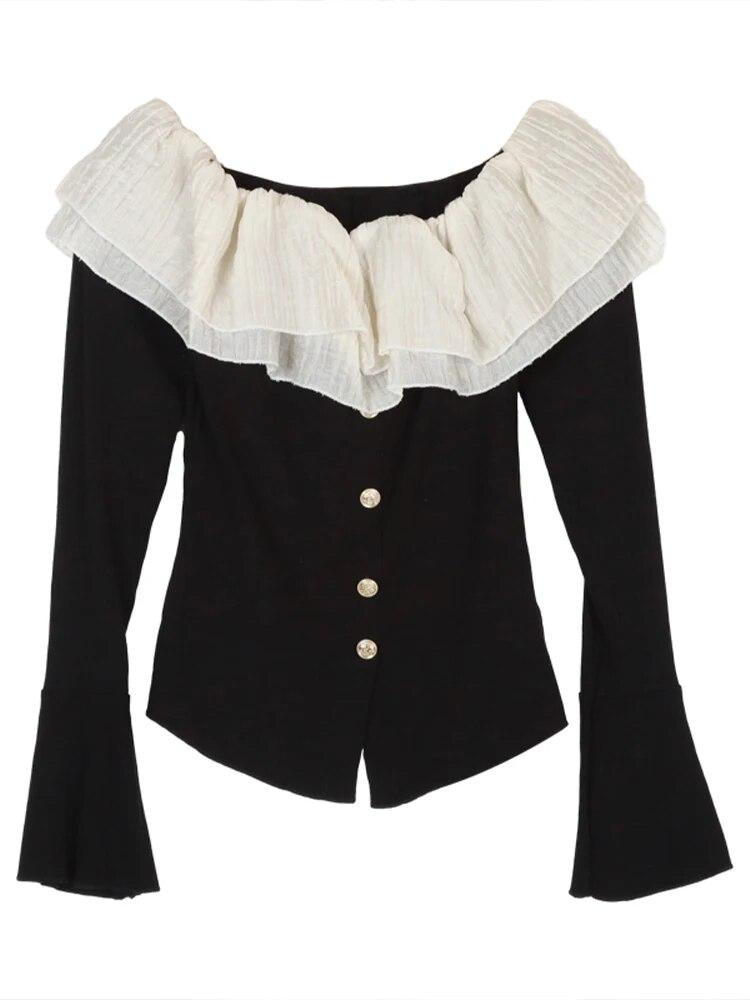 2KWEIRD Y2k Sexy T Shirt Women French Style Elegant Fashion Off Shoulder Crop Top Female Flare Sleeve Slash Neck Ruffle Slim Tees