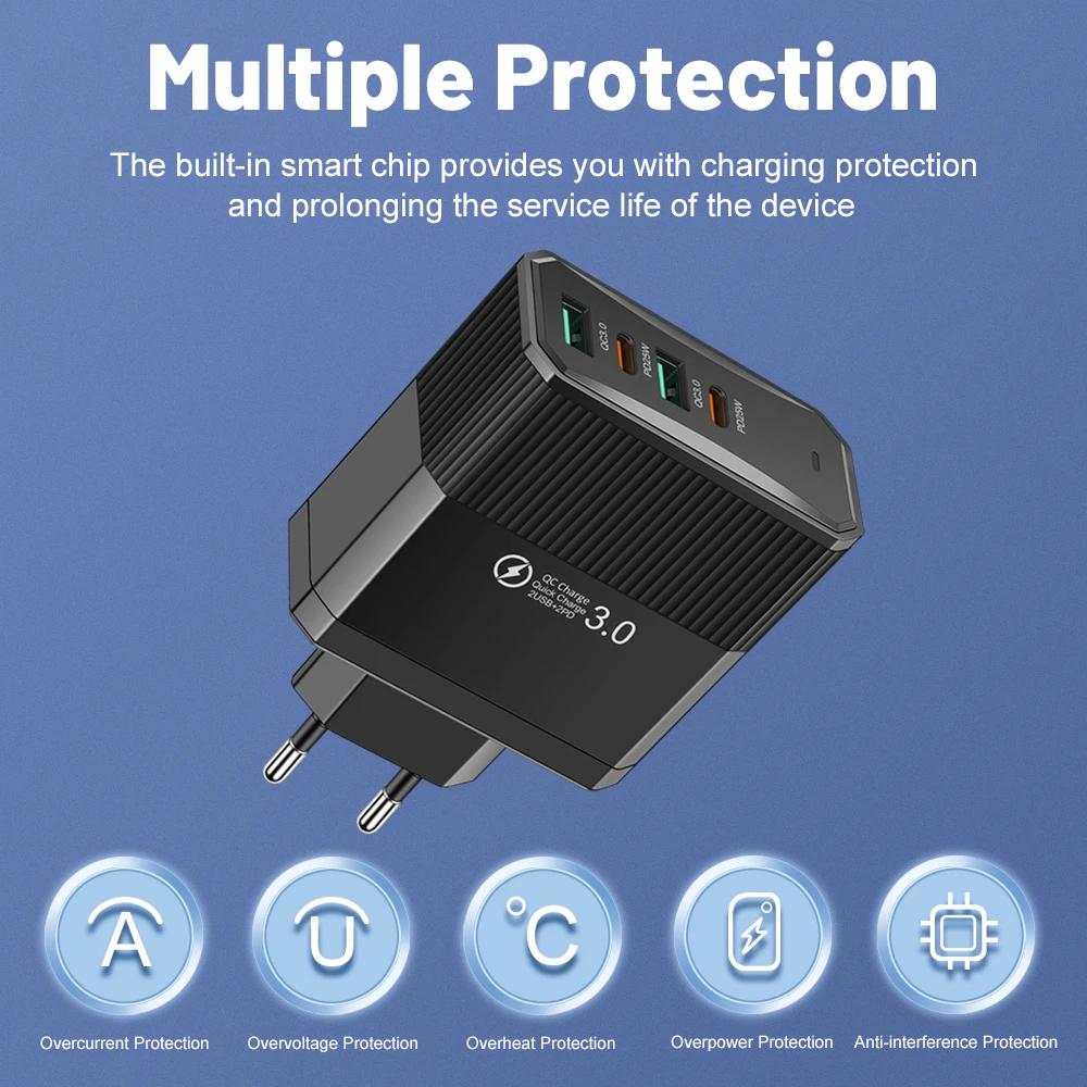 Зарядное устройство USB C Muti 4 порта PD Type C Быстрая зарядка Quick Charge QC3.0 PD Сетевой адаптер питания для IPhone 16 Xiaomi Samsung Oneplus