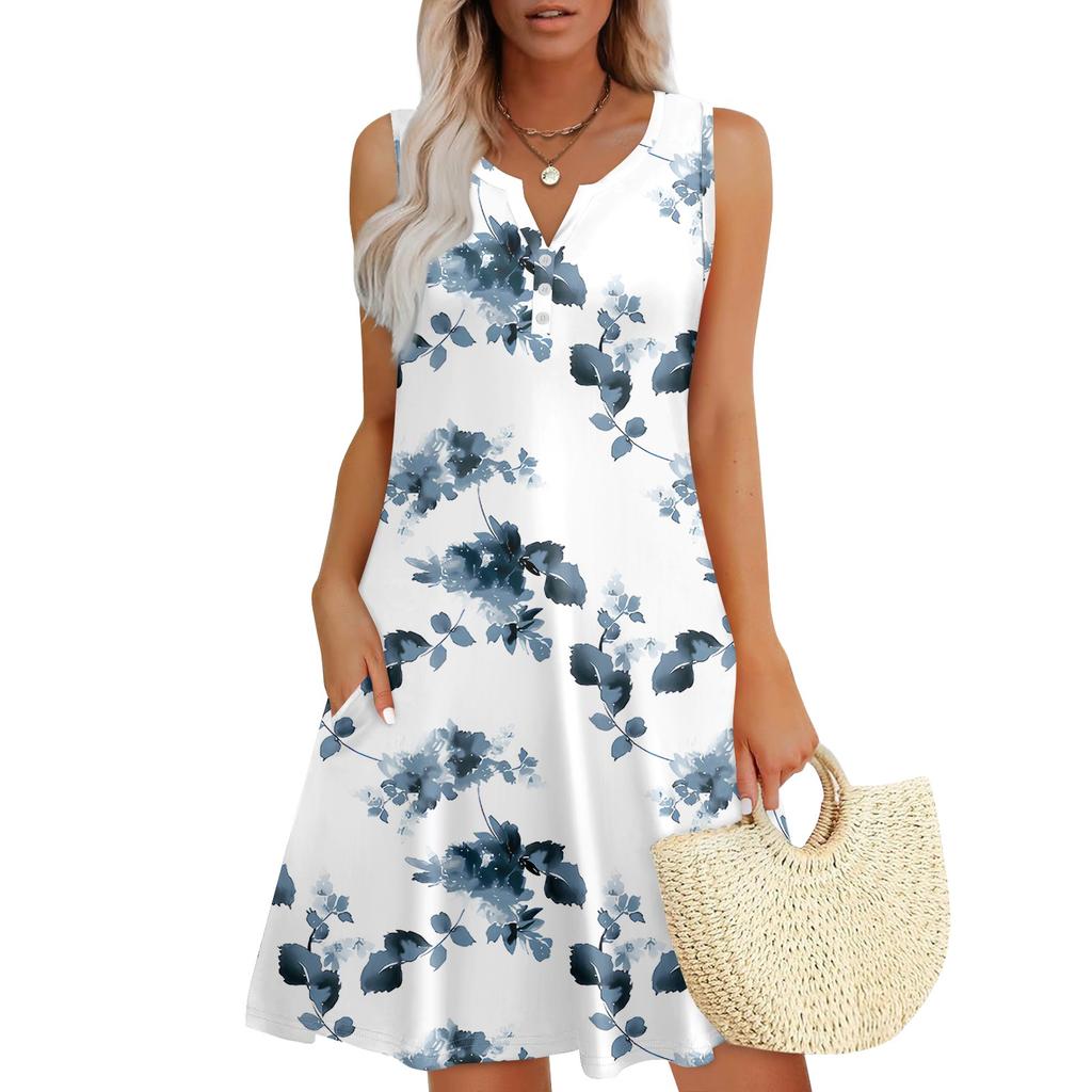 Женские летние платья Свободные сарафаны без рукавов с V-образным вырезом Платье с карманами