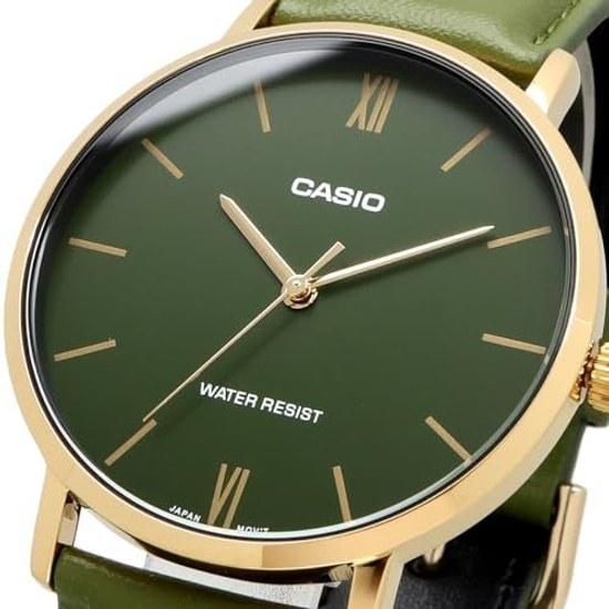 Мужские кварцевые часы CASIO MTP-VT01GL-3B Золотой Зеленый Кожаный Ремешок Зарубежная Модель