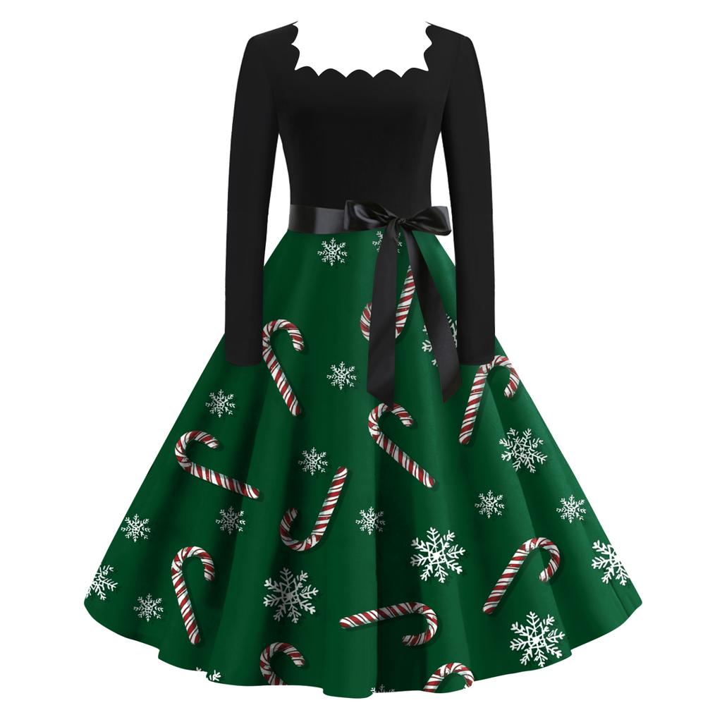 Женское модное ретро вечернее платье с длинным рукавом, квадратным вырезом и рождественским принтом