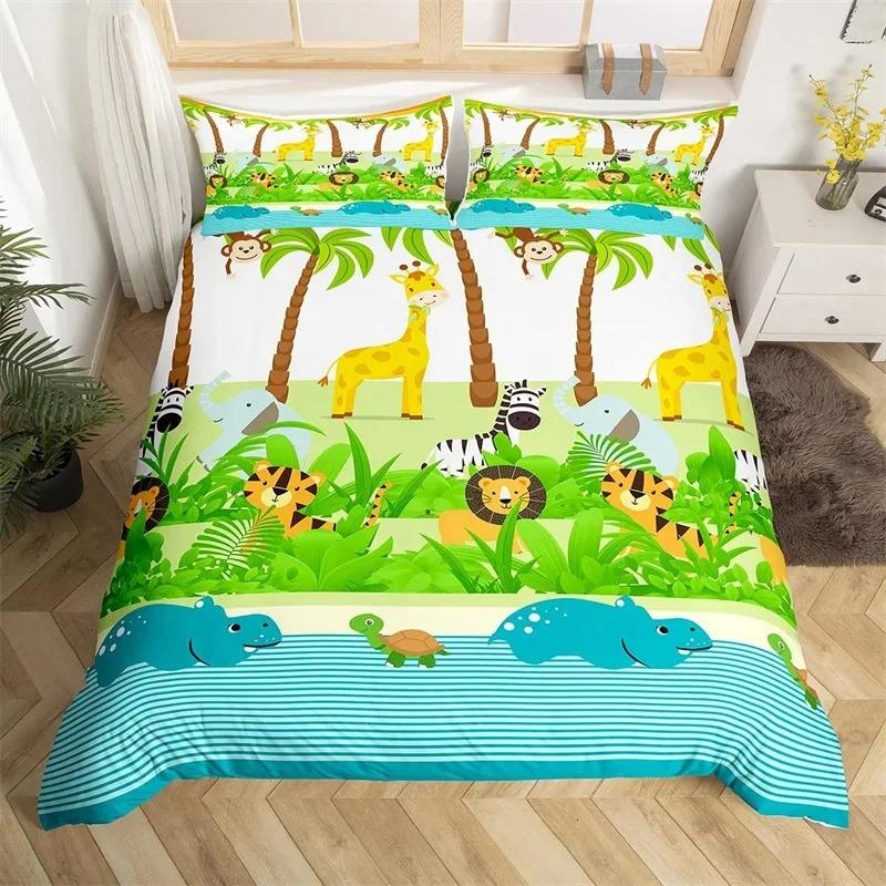 Kawaii Lion Duvet Cover Set Twin King For Kids Boys Girls Cartoon Animal Bedding Set Microfiber Wild Animals Theme Quilt Cover