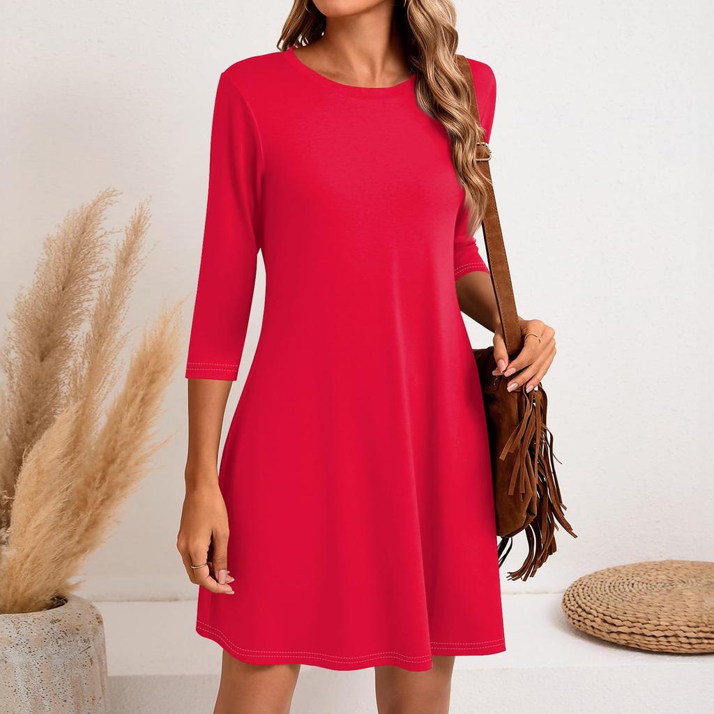 Женское модное повседневное однотонное короткое платье с круглым вырезом и рукавом три четверти
