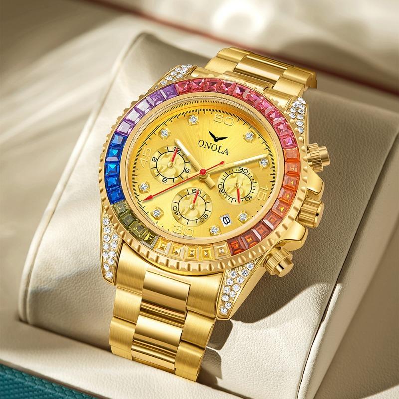 Fashion New Top Brand Business Gold Watch Waterproof Solid Core Fine Steel Band Rainbow Drill Men's Watch