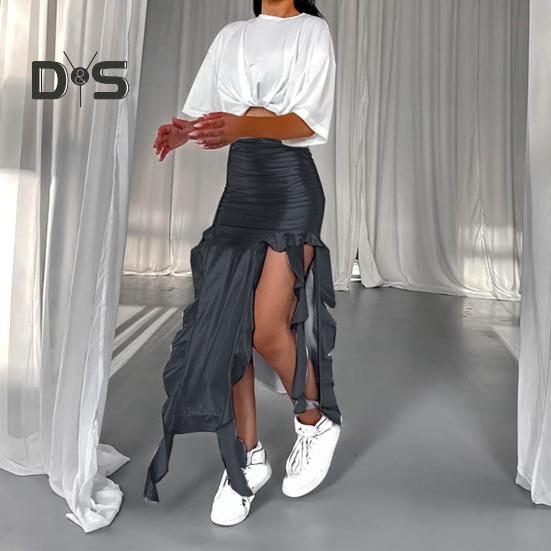 Sexy Women Maxi Skirt High Waist Ruffle Trim Tassel Long Skirt Asymmetric Slim Fit Irregular Skirt Fishtail Skirt