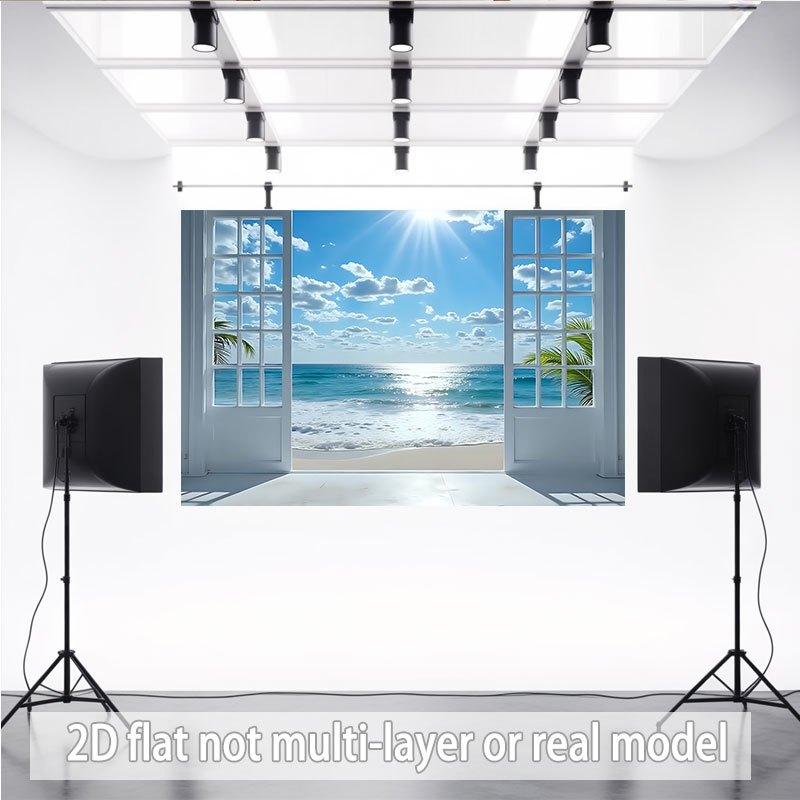 2D Plane - 2D Plane - 1 piece 2D Plane Banner | Open white frame door display presenting the sunny seaside scenery