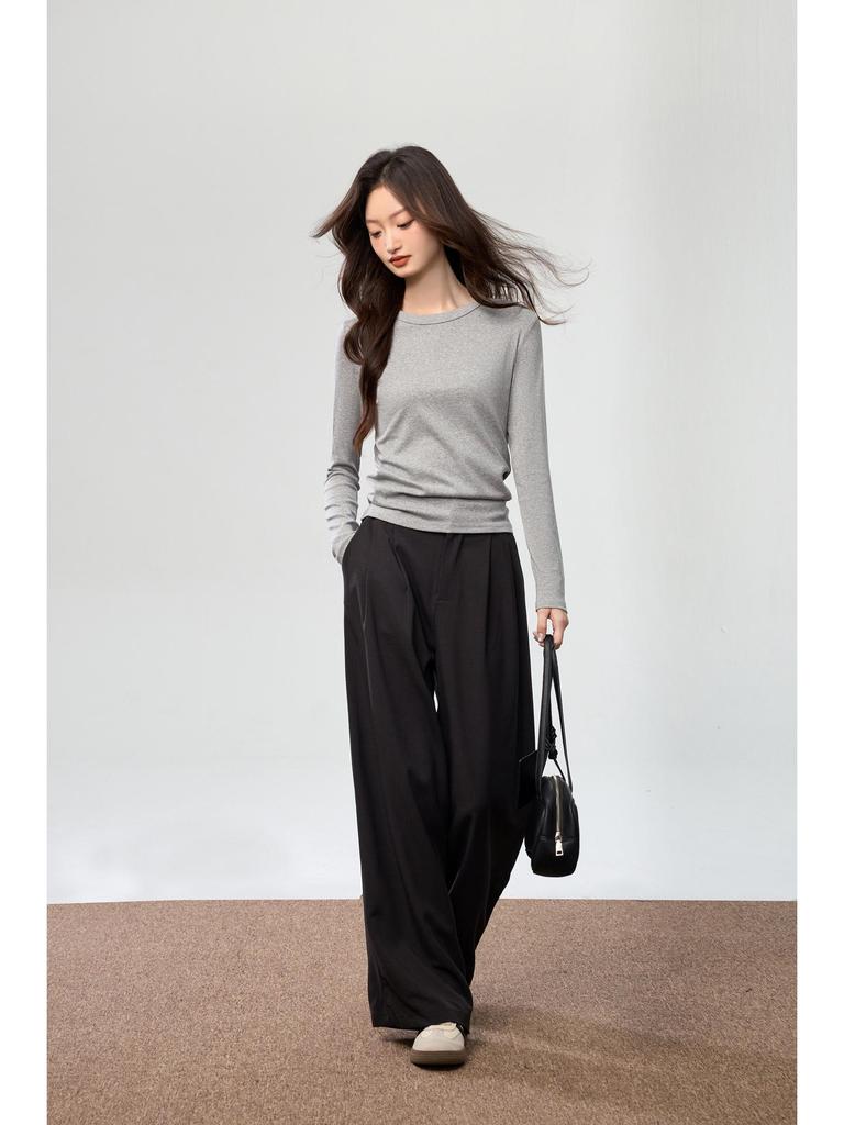 Женская футболка с длинным рукавом Осень 2025: Гребенной хлопок, Универсальный дизайн с открытой строчкой, Простой круглый вырез.