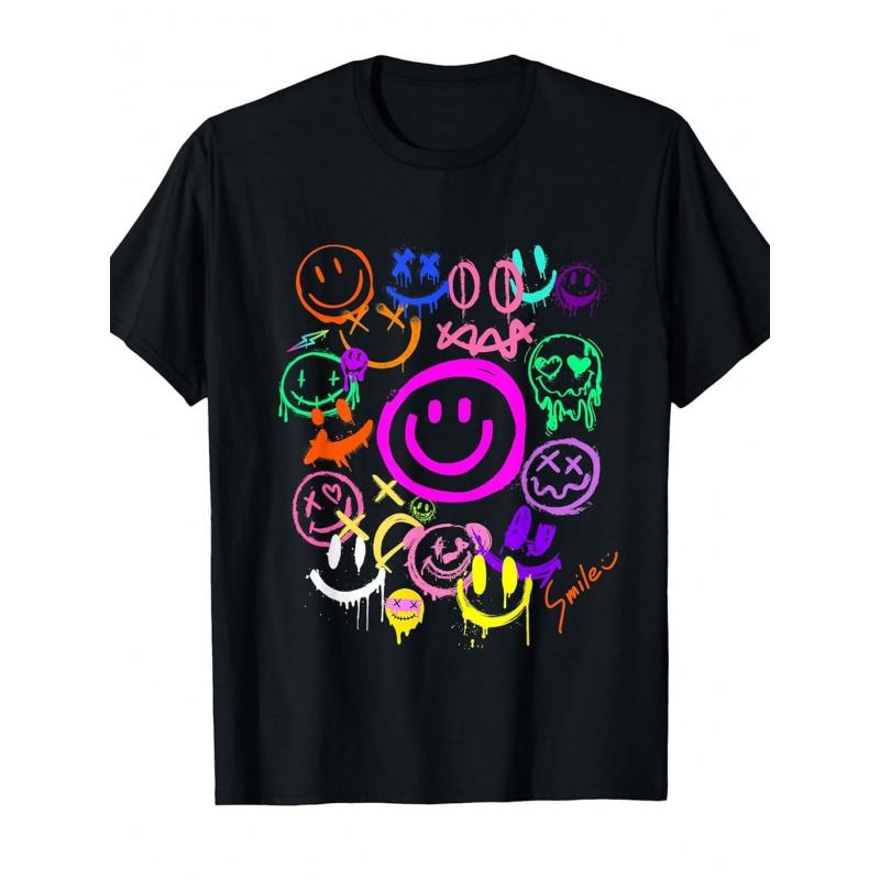 Men'S & Women'S Retro Neon Graffiti joyful Face Graphic T-Shirt - Soft Relaxed Fit Short Sleeve Tee with Smileys, joyful & Winking Faces - Casual