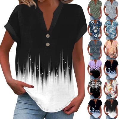 Женская модная повседневная рубашка с v-образным вырезом и коротким рукавом с принтом, футболка на пуговицах, топ