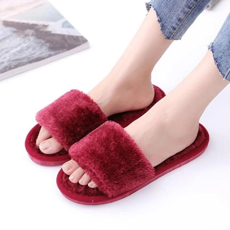 Женские тапочки, новые модные плюшевые шлепанцы с мелким носком для дома и улицы, повседневные шлепанцы для спальни, однотонные тапочки на плоской подошве