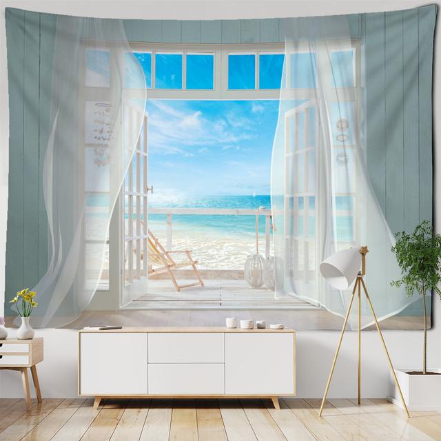 Гобелен в прибрежной пещере, настенный гобелен в стиле бохо, приморский пейзаж, психоделическая эстетика, художественный декор для комнаты в общежитии