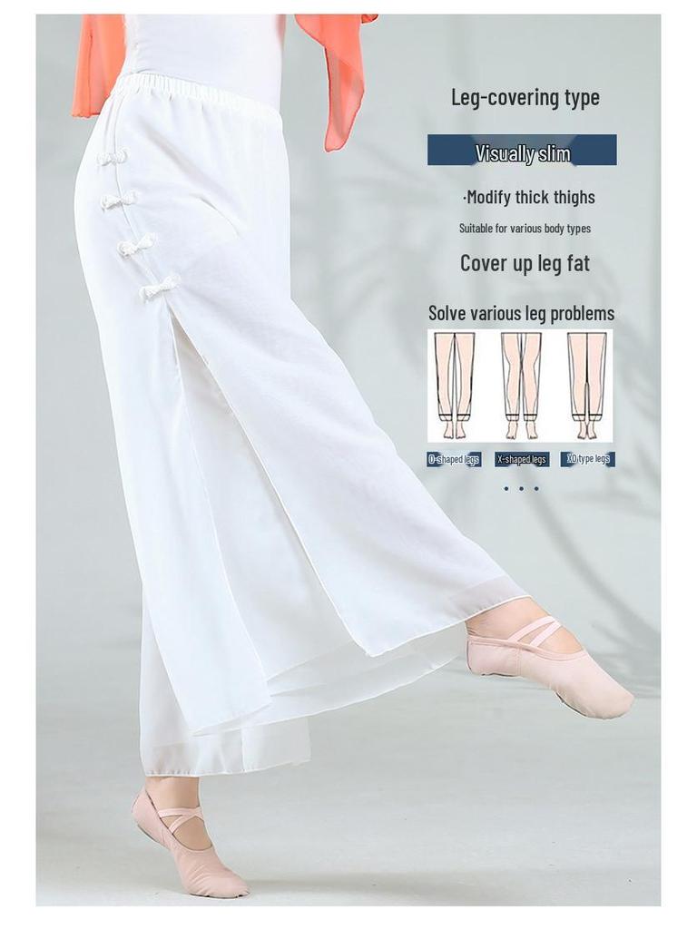 Женские двухслойные белые шифоновые танцевальные кюлоты - Широкие струящиеся брюки для практики классического китайского танца